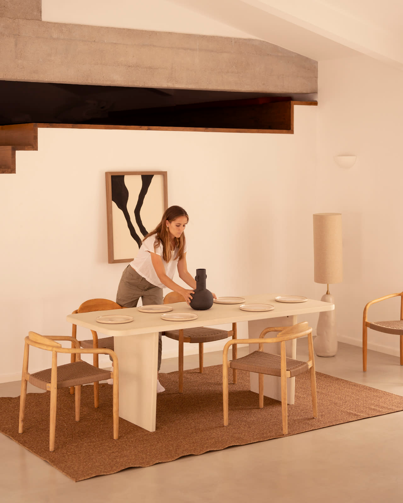 Table à Manger Japandi en Microciment Blanc Cassé 200x75cm – Bimba