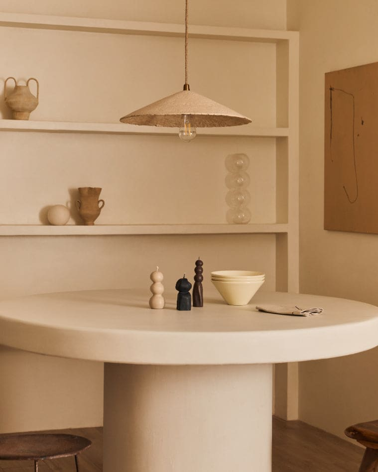 Table à Manger Japandi en Microciment Blanc 140 cm – Persillé by Marlot Baus