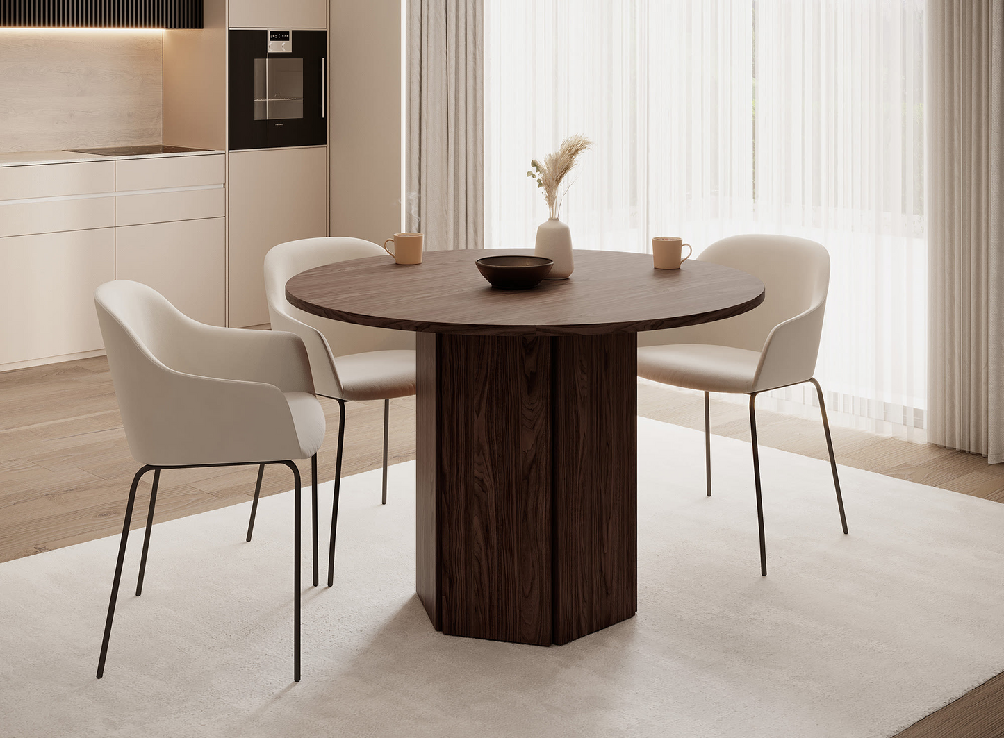 Table à Manger Ronde Japandi aspect bois de chêne beige 110x75 cm – HEXA