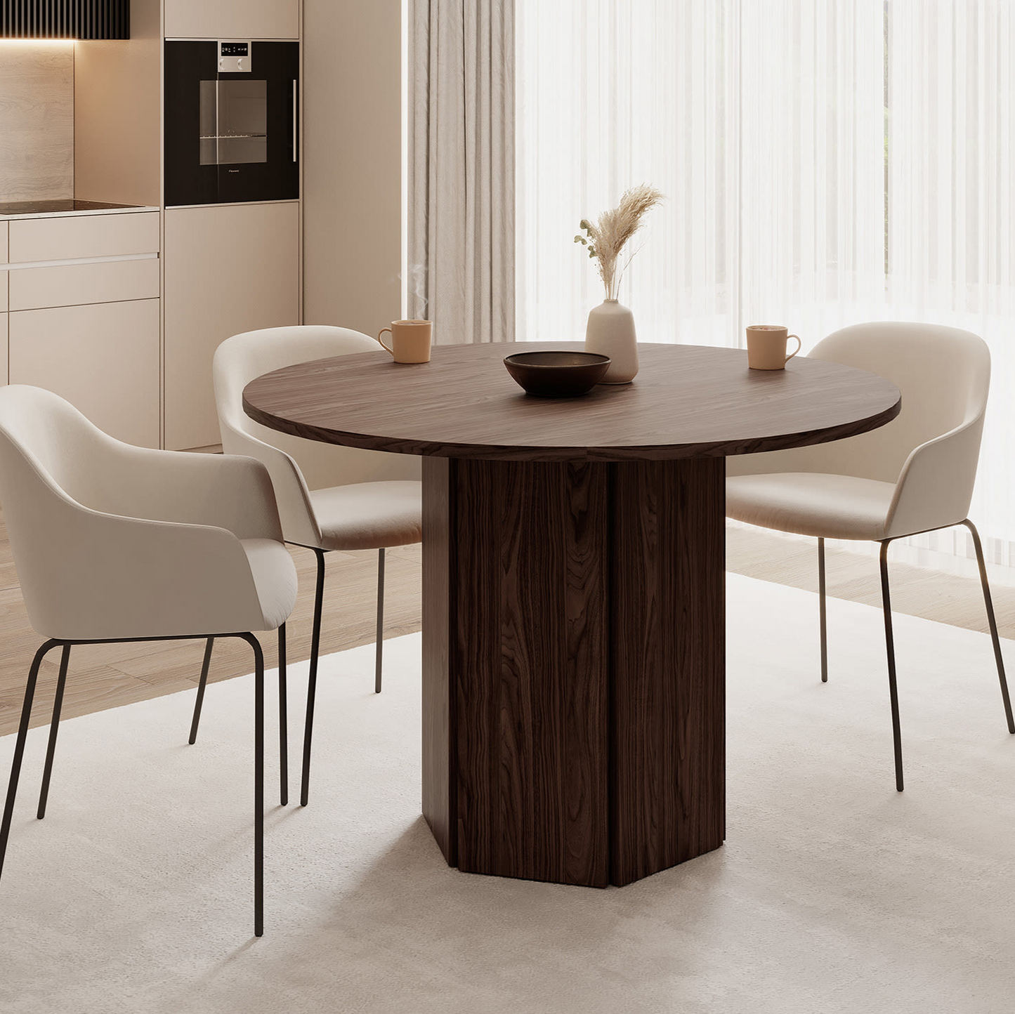 Table à Manger Ronde Japandi aspect bois de chêne beige 110x75 cm – HEXA