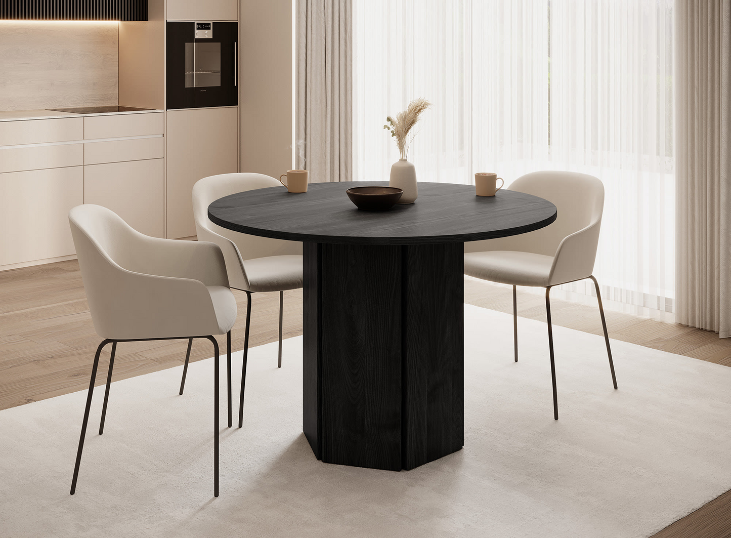 Table à Manger Ronde Japandi aspect bois de chêne beige 110x75 cm – HEXA