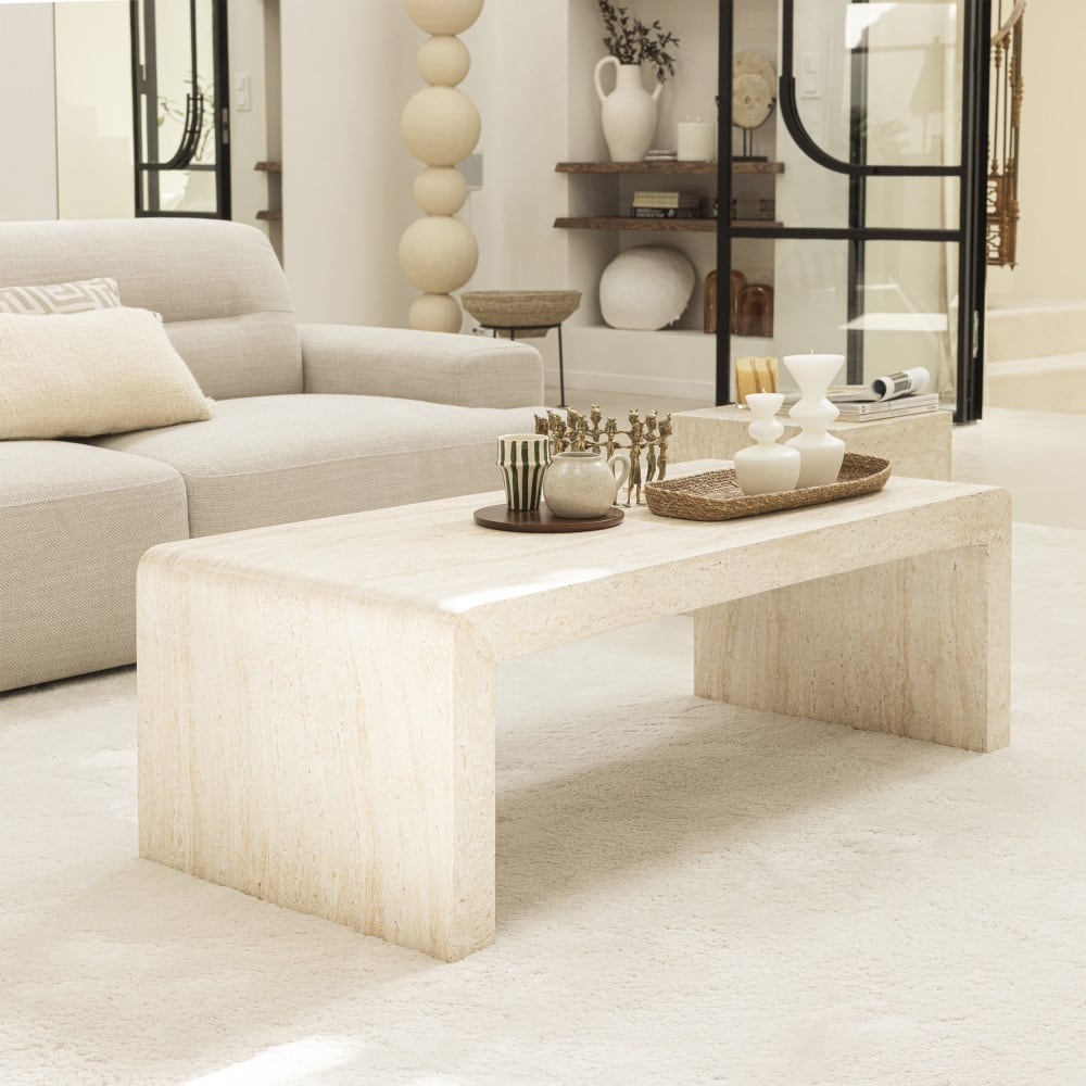 Table Basse Japandi effet travertin 120x55cm beige – Tocoa