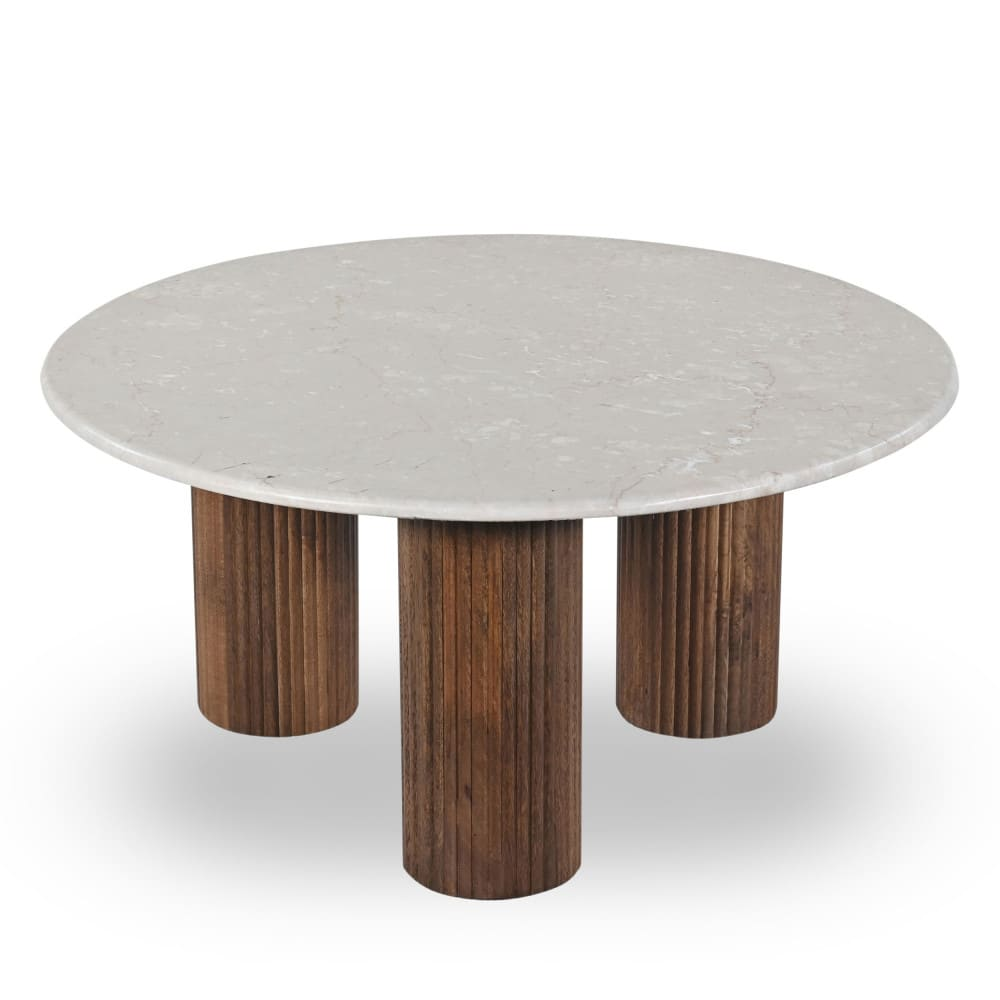 Table Basse Japandi blanche marbre bois massif Ø80cm – Sula