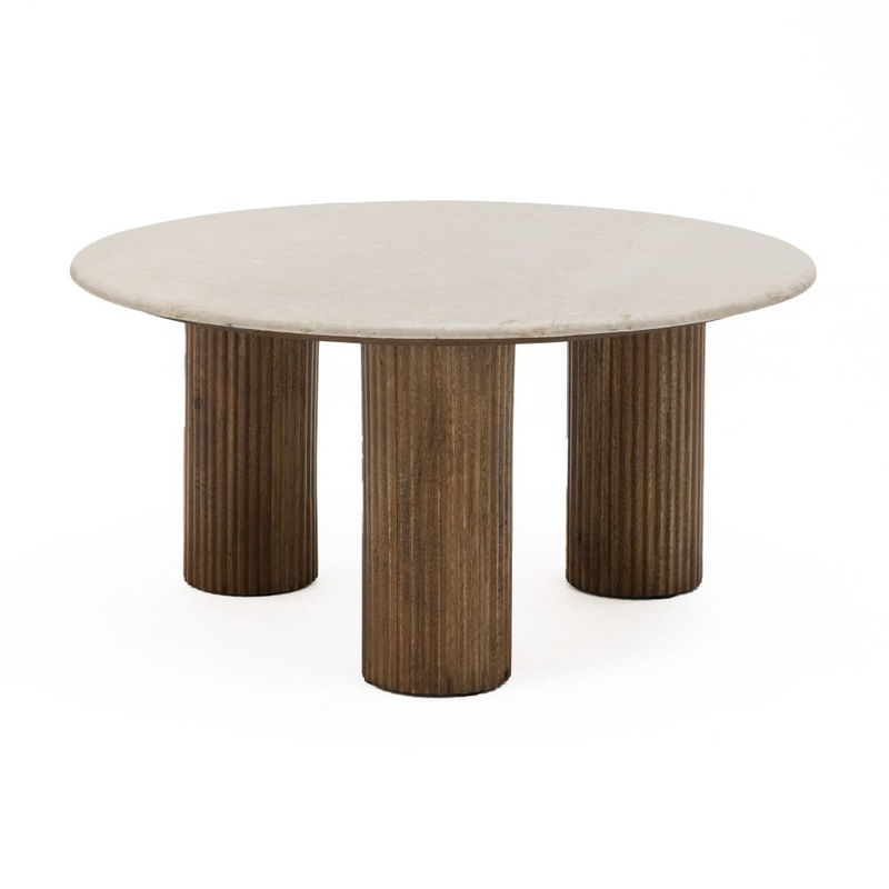 Table Basse Japandi marbre et bois massif Ø80 cm blanc ivoire – Sula