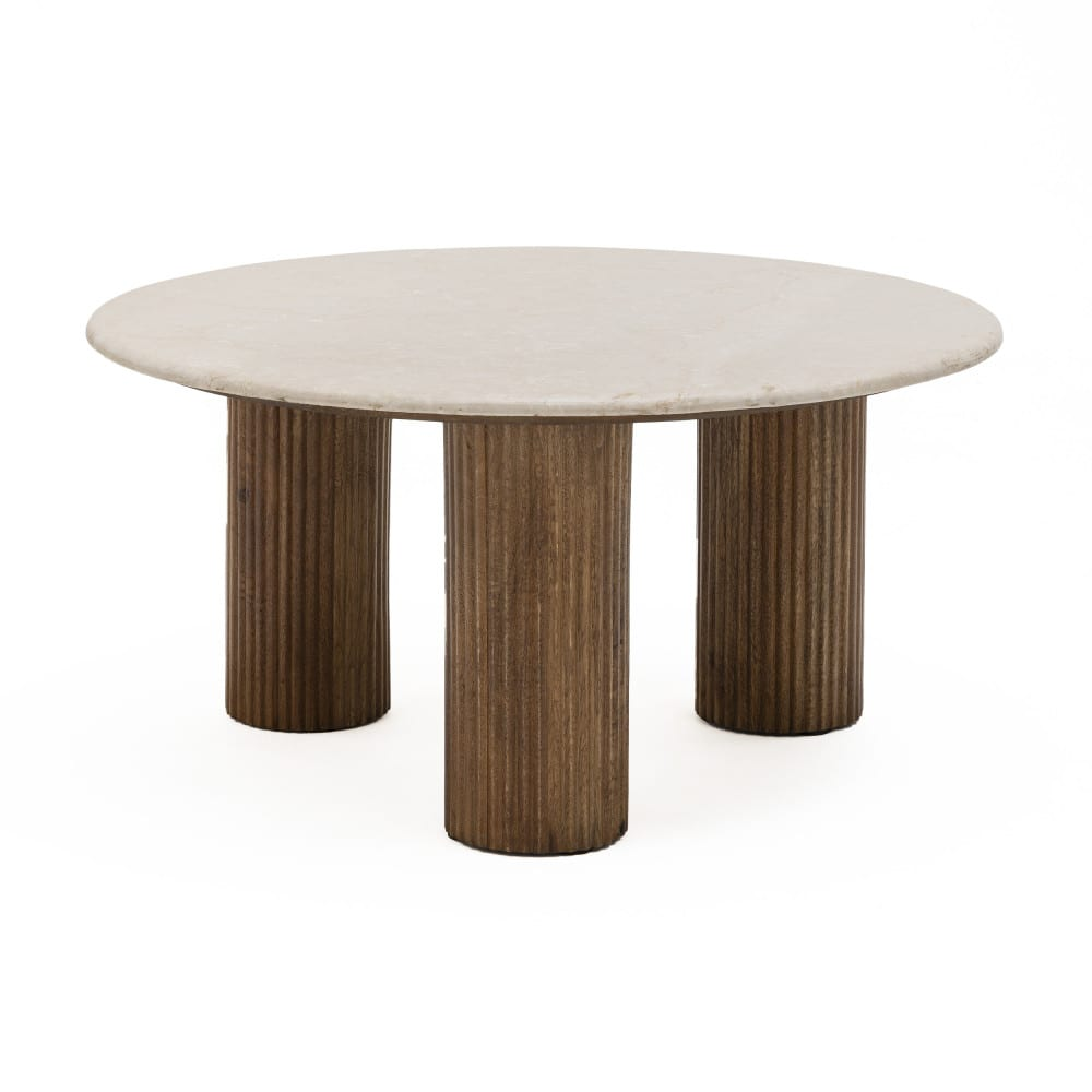 Table Basse Japandi blanche marbre bois massif Ø80cm – Sula