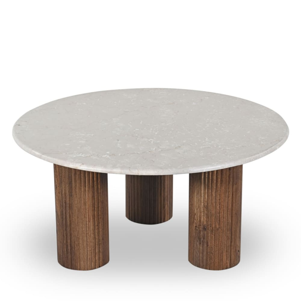 Table Basse Japandi blanche marbre bois massif Ø80cm – Sula