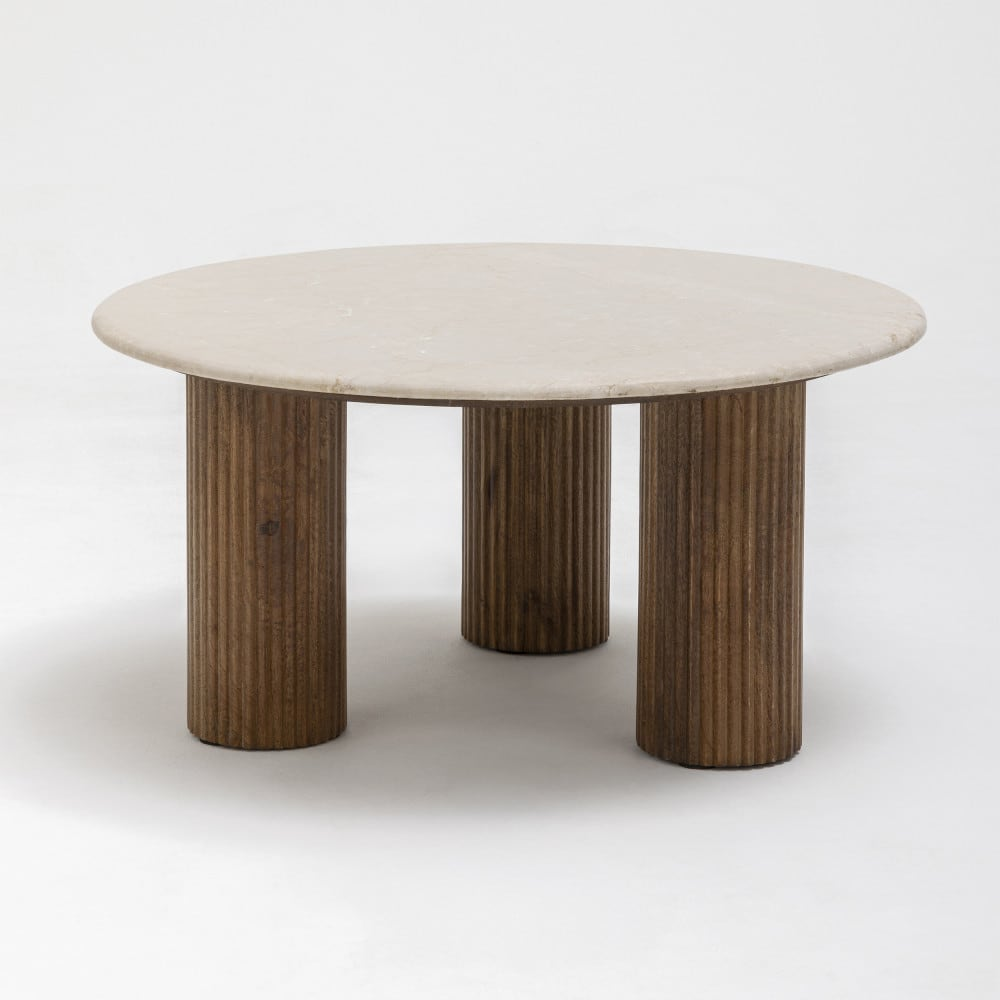 Table Basse Japandi blanche marbre bois massif Ø80cm – Sula