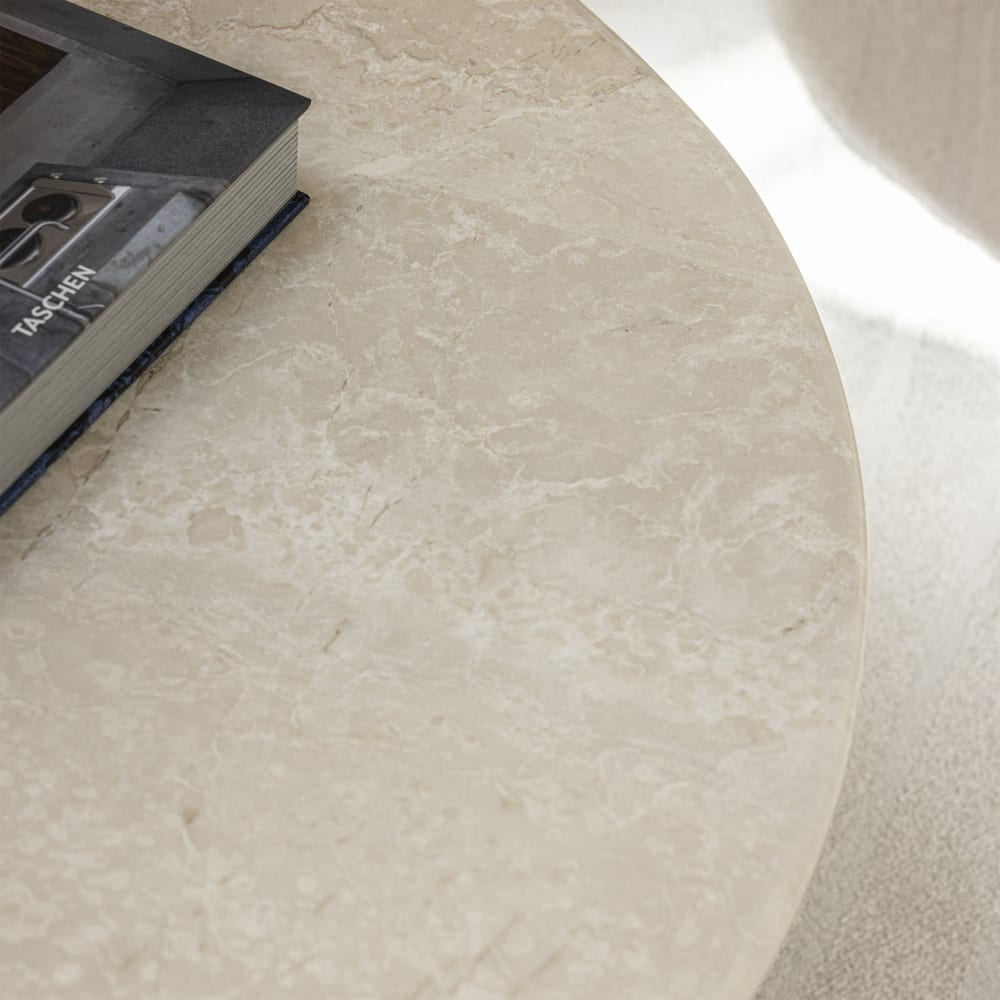 Table Basse Japandi blanche marbre bois massif Ø80cm – Sula