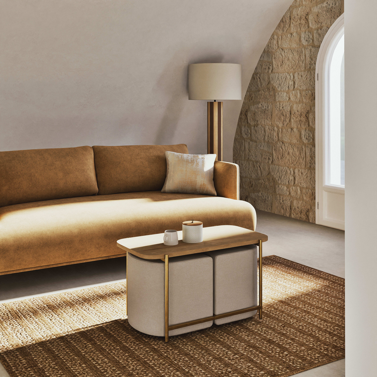 Table Basse Japandi avec Assises en Polyester Recyclé Beige Clair – Sitdo