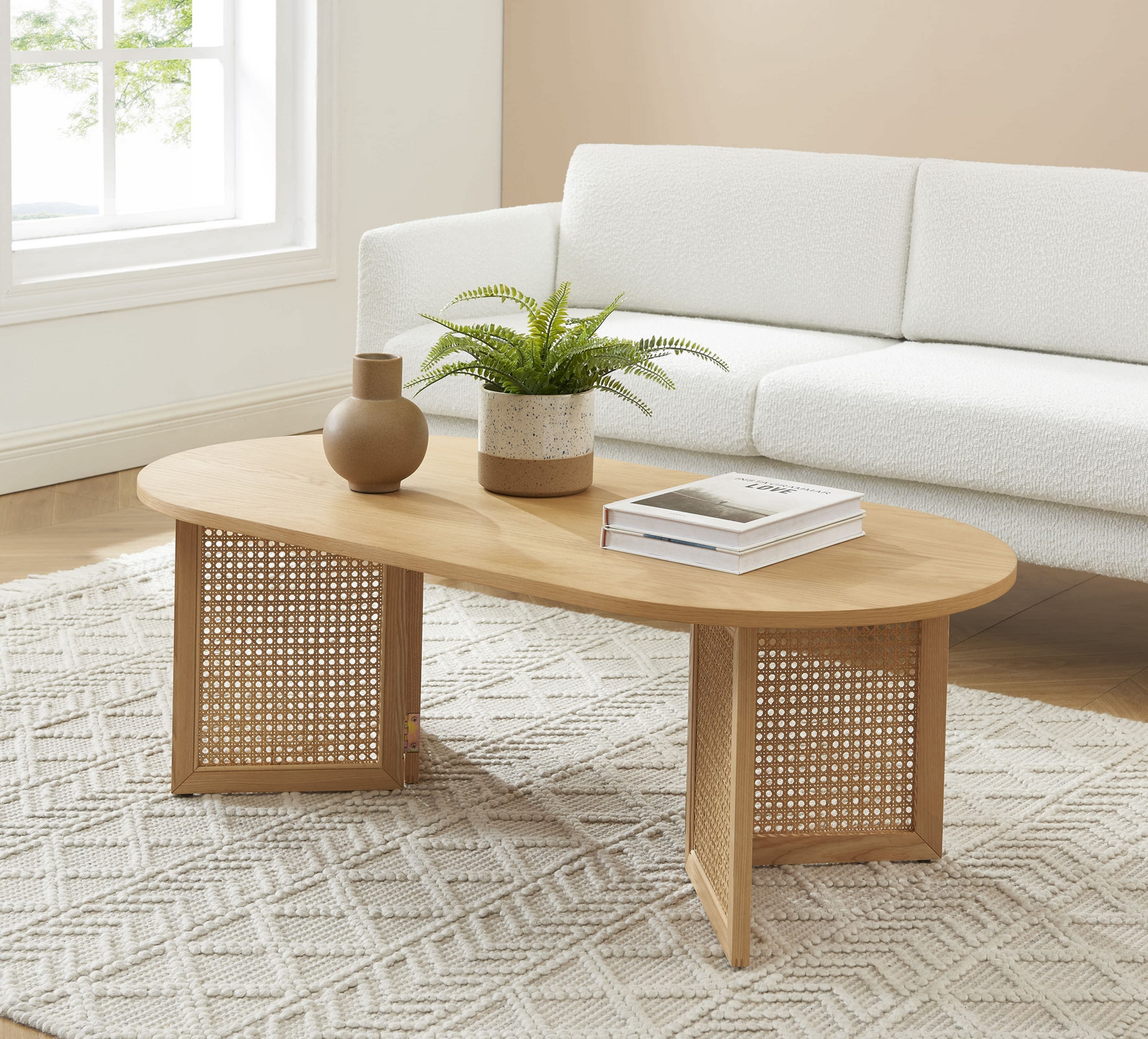 Table Basse Japandi placage chêne et cannage rotin 120 cm – Leon