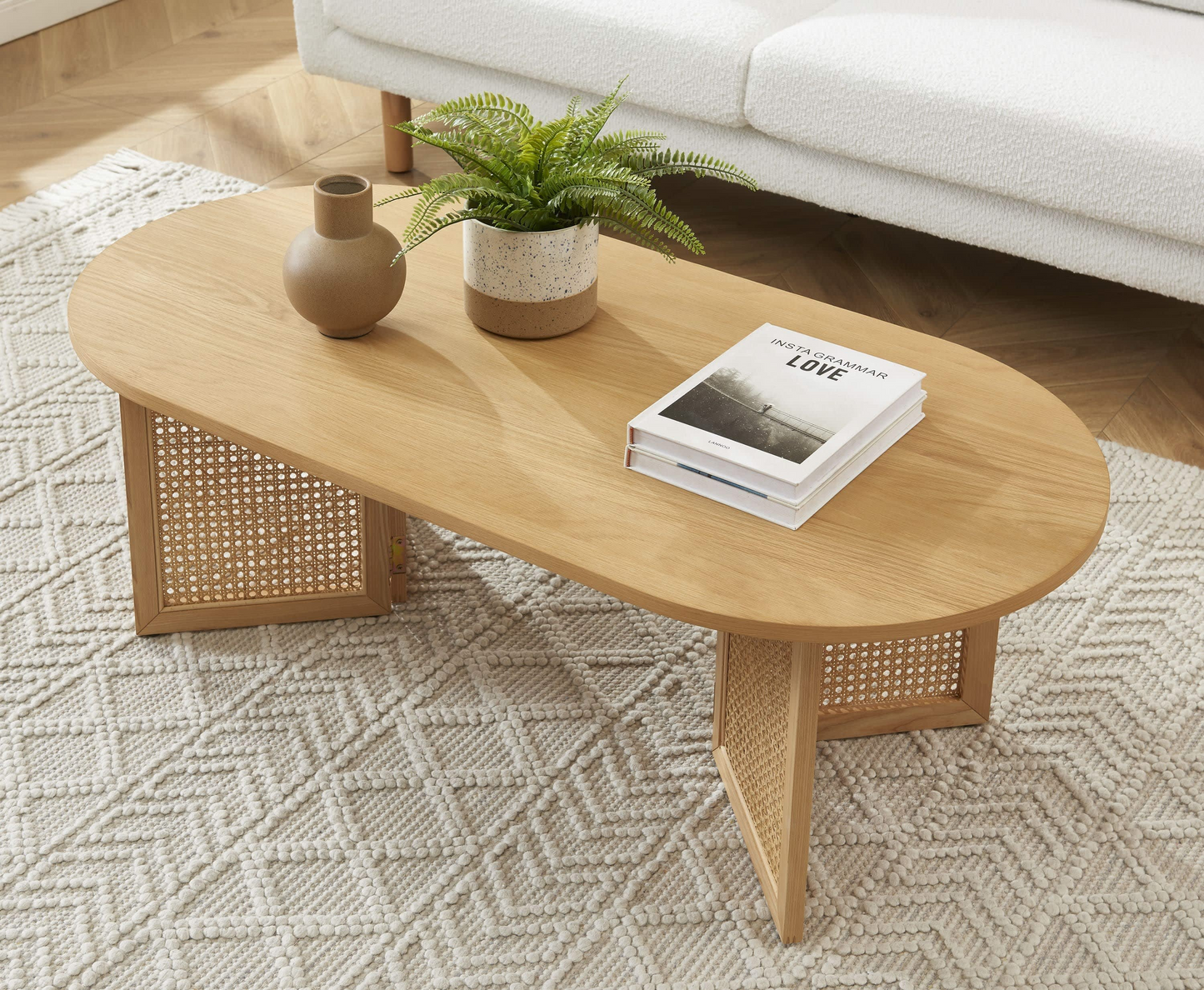 Table Basse Japandi placage chêne et cannage rotin 120 cm – Leon