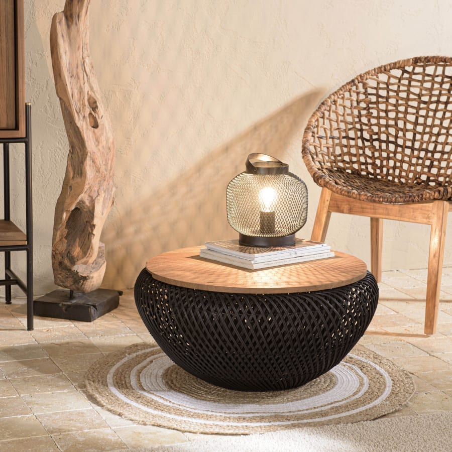Table Basse Japandi ronde rotin noir plateau amovible D66 – Alida