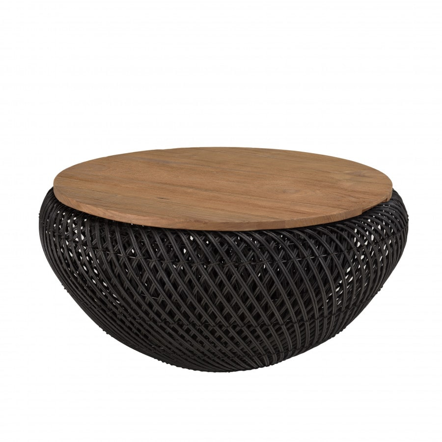 Table Basse Japandi ronde rotin noir plateau amovible D66 – Alida