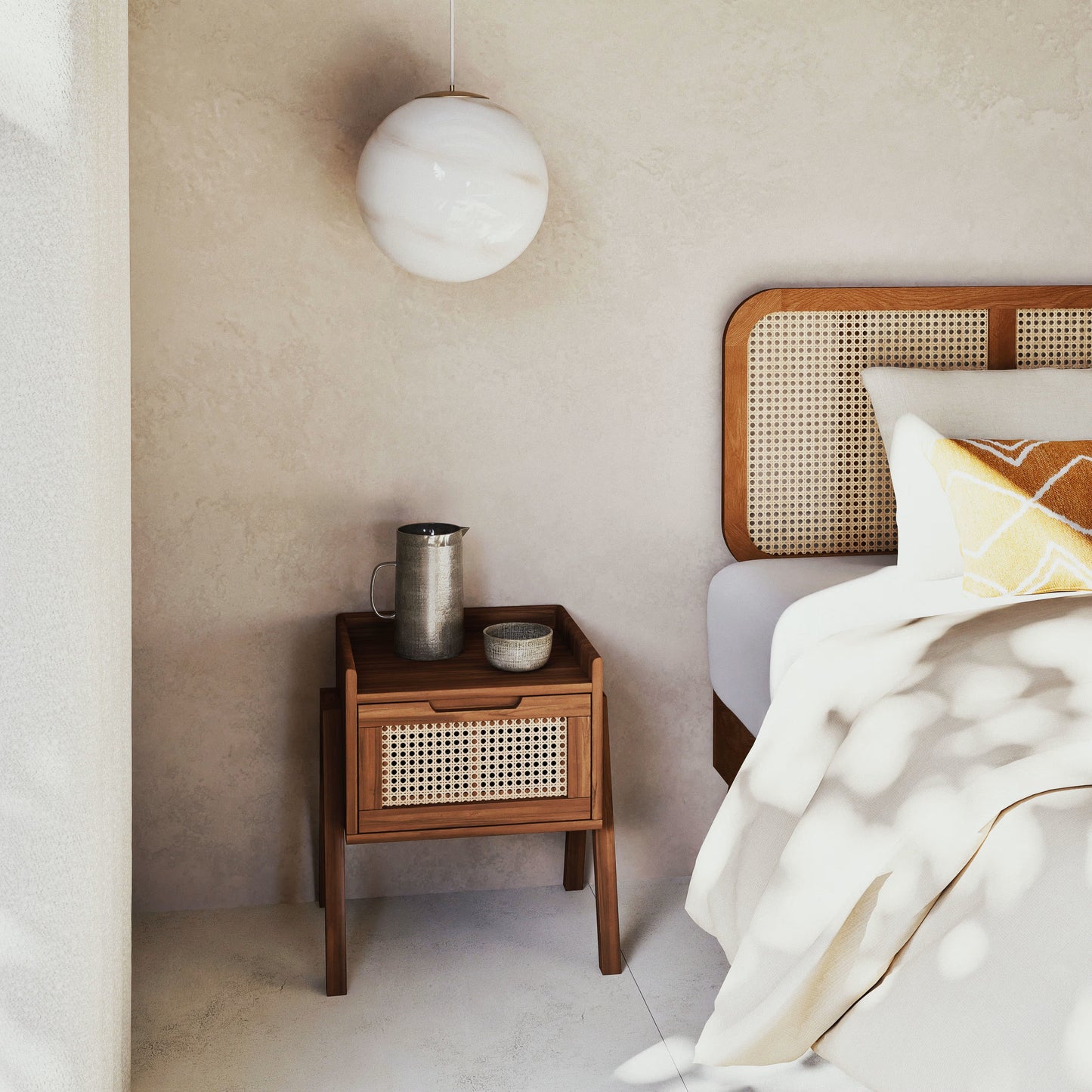 Table de Chevet Japandi en acacia massif et cannage rotin – Santa Fe