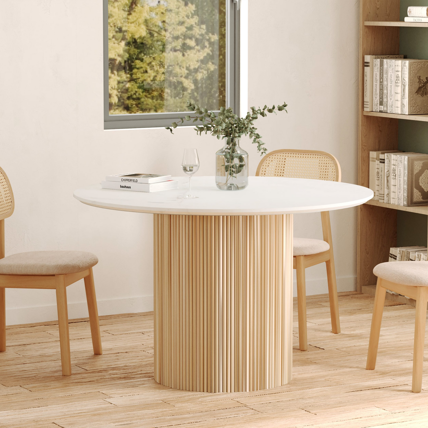 Table Japandi ronde 4 personnes marbre bois de manguier D120 – Agathe