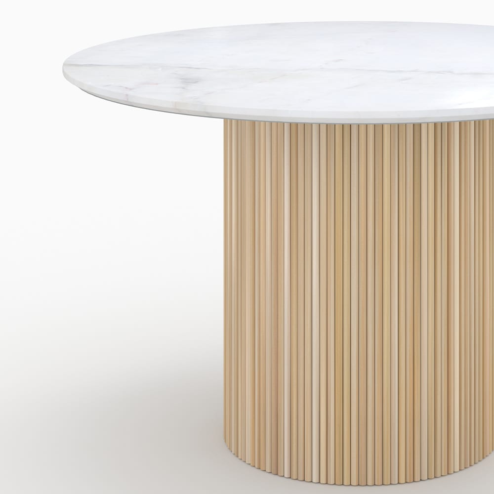 Table Japandi ronde 4 personnes marbre bois de manguier D120 – Agathe