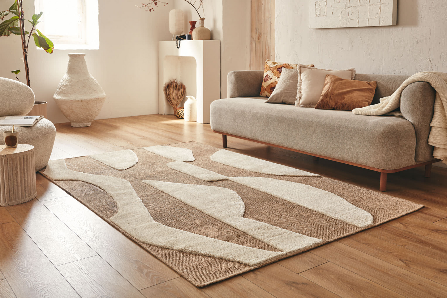 Tapis Japandi aspect jute graphique en relief blanc 160x230 cm – Palma