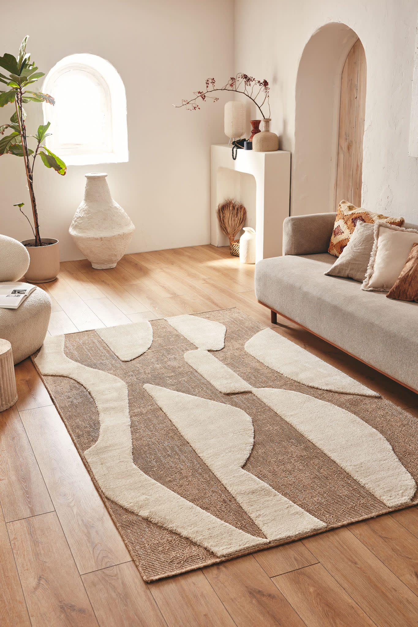 Tapis Japandi aspect jute graphique en relief blanc 160x230 cm – Palma
