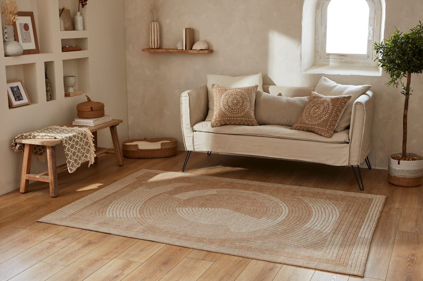 Tapis Japandi intérieur extérieur effet jute motif abstrait blanc 160x230 – NATURE