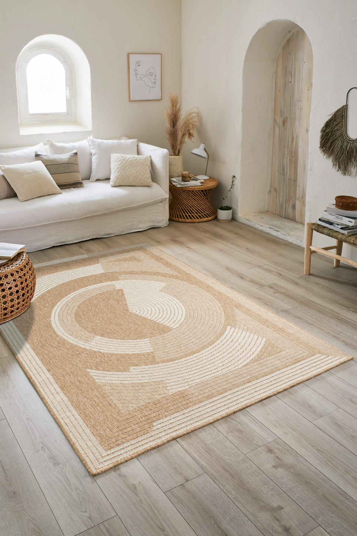 Tapis Japandi intérieur extérieur effet jute motif abstrait blanc 160x230 – NATURE