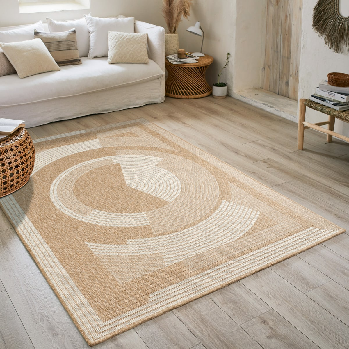 Tapis Japandi intérieur extérieur effet jute motif abstrait blanc 160x230 – NATURE