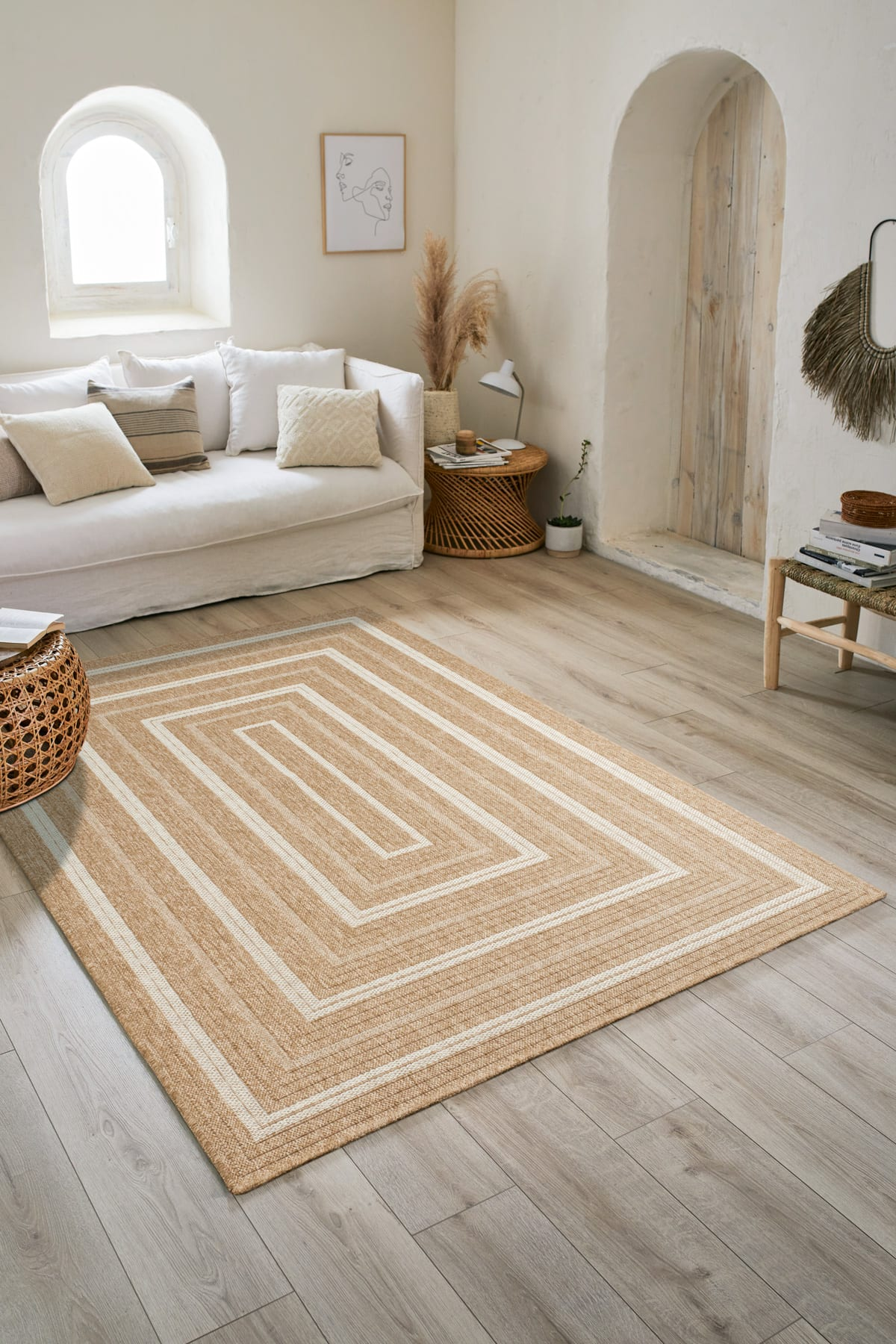 Tapis Intérieur Extérieur Japandi effet jute motif rectangulaire blanc 120x170 - NATURE