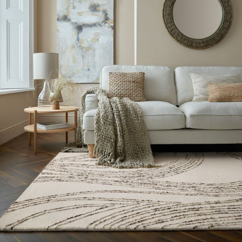 Tapis Japandi en laine beige lignes marron 160 x 230 – Swirl