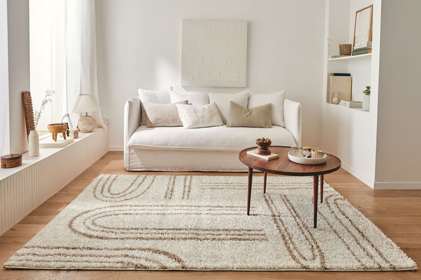 Tapis shaggy Japandi à motif graphique beige 160x230 cm – Olympe