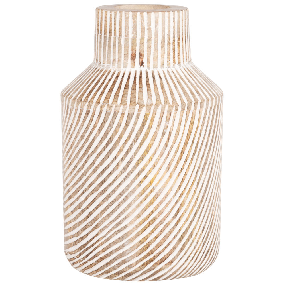 Vase en Bois de Manguier Japandi H24 – Rayé Marron et Blanc