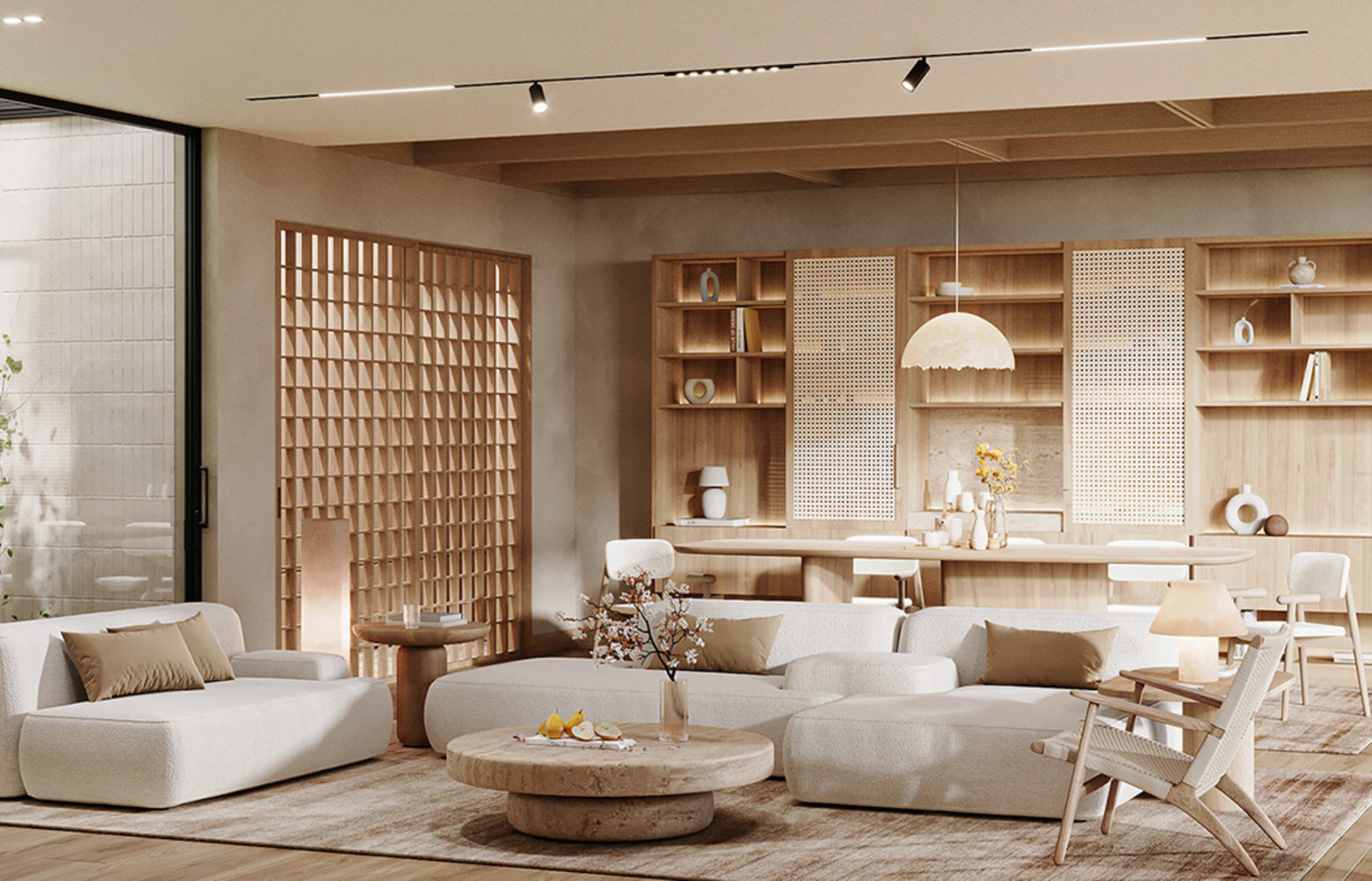 Salon d’inspiration japandi : canapé crème, bois clair et lumière douce