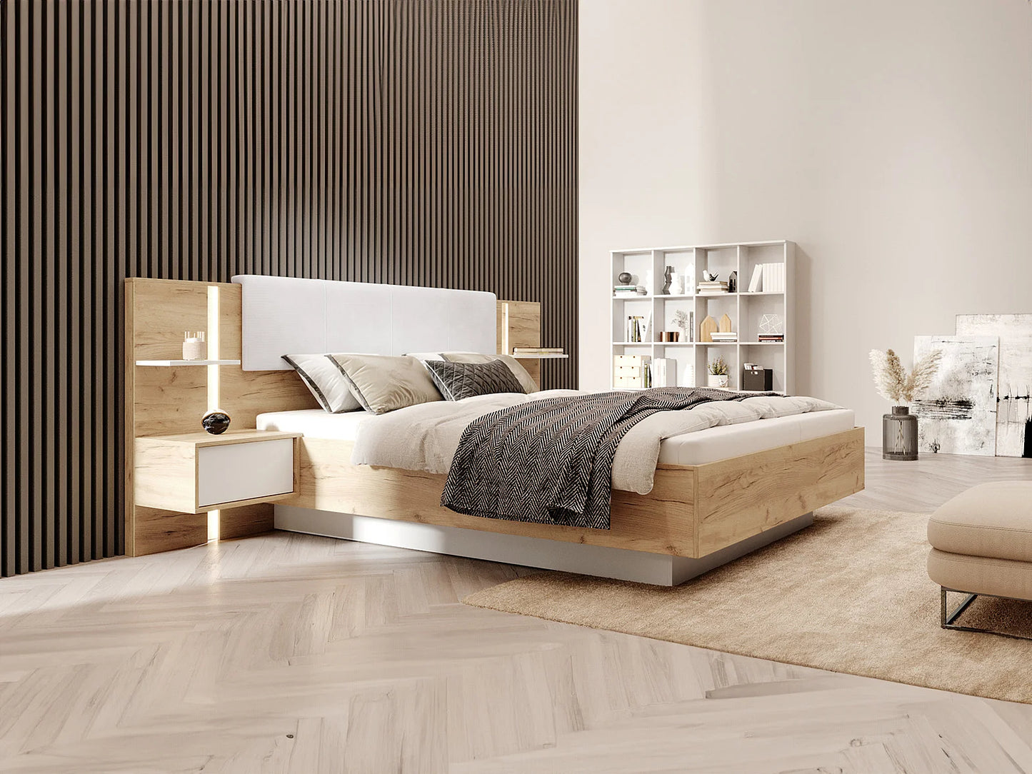 Lit Coffre Japandi Leds Naturel Blanc - Elynia