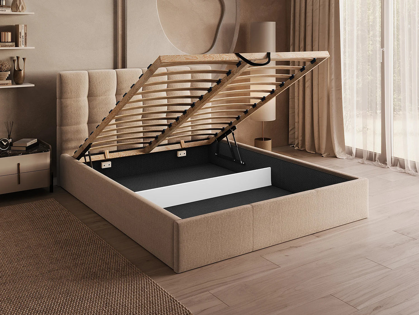 Lit Coffre Japandi Velours Beige 160x200 - Mirdal