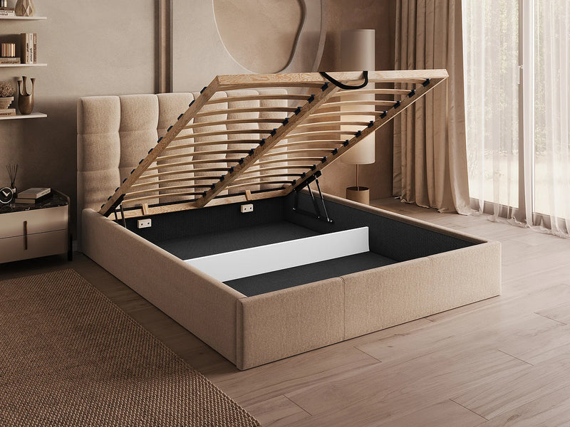Lit Coffre Japandi Velours Beige 160x200 - Mirdal