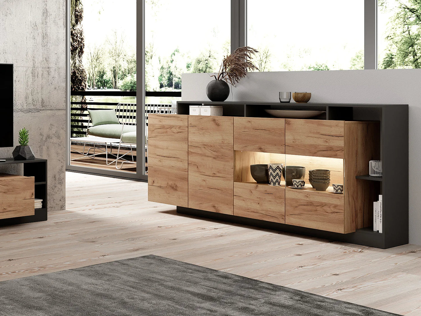 Buffet LED Japandi Naturel Et Anthracite - Idesia