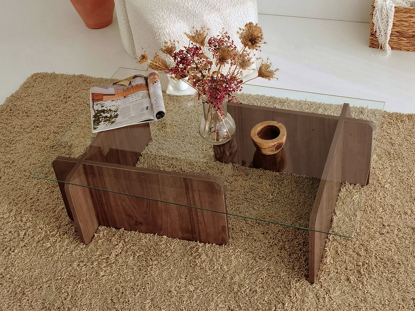 Table Basse Japandi Bois Foncé et Verre Trempé - Azra
