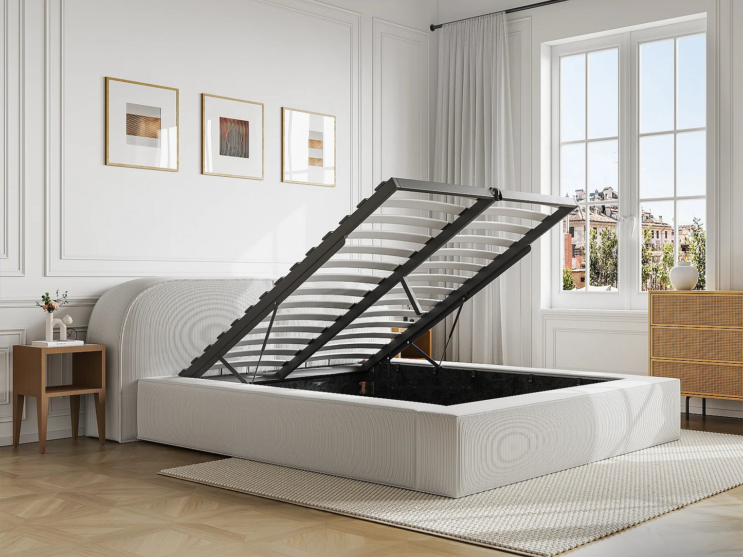 Lit Coffre Japandi Velours Côtelé Crème - Liraba