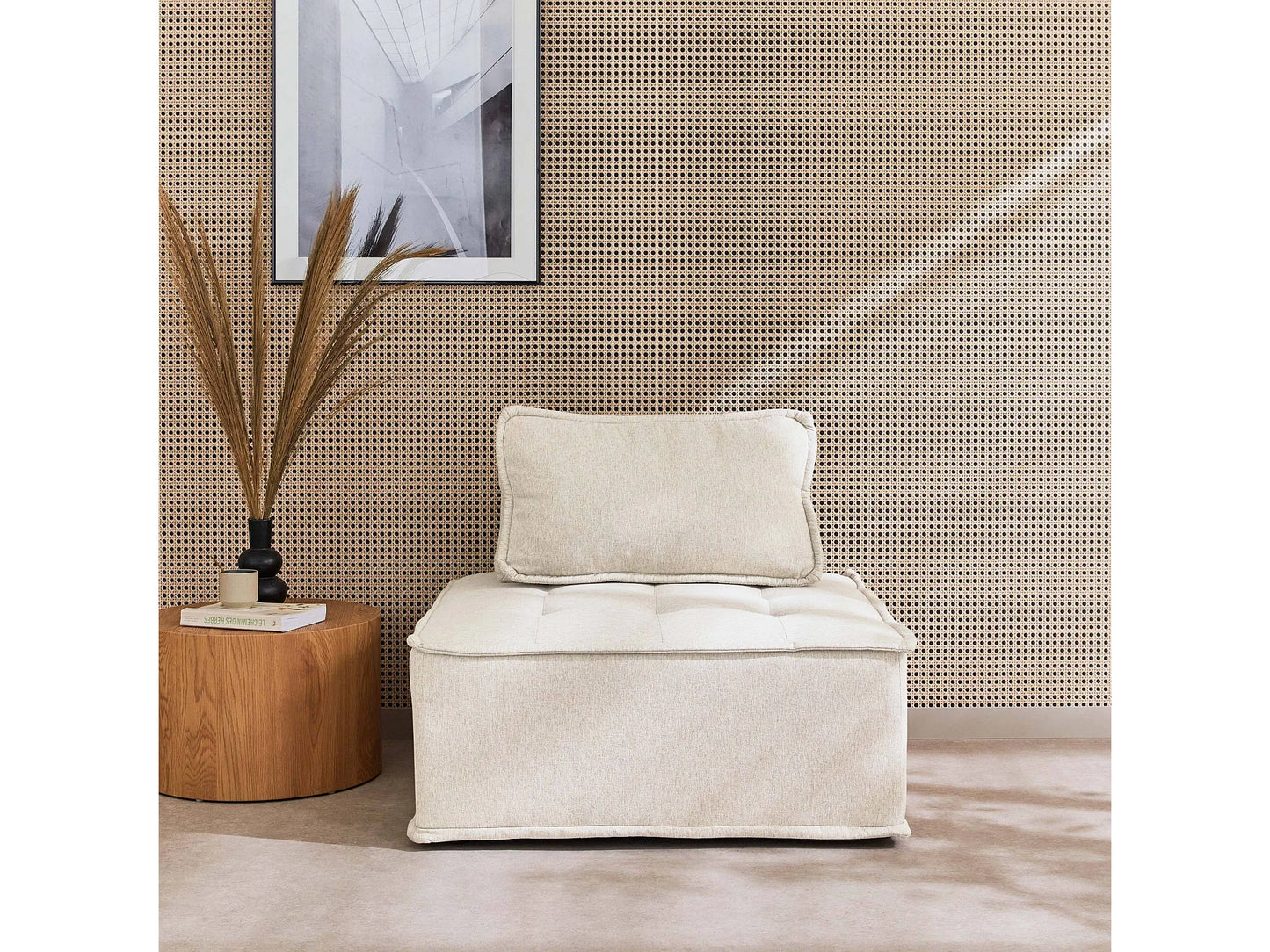 Fauteuil Japandi Chauffeuse Capitonnée Crème - Modulable
