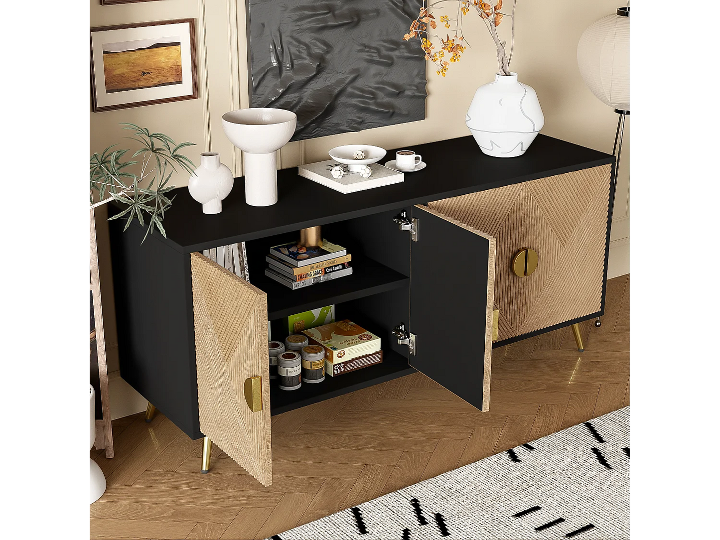 Buffet Bicolore Japandi Noir Et Naturel - Naturel