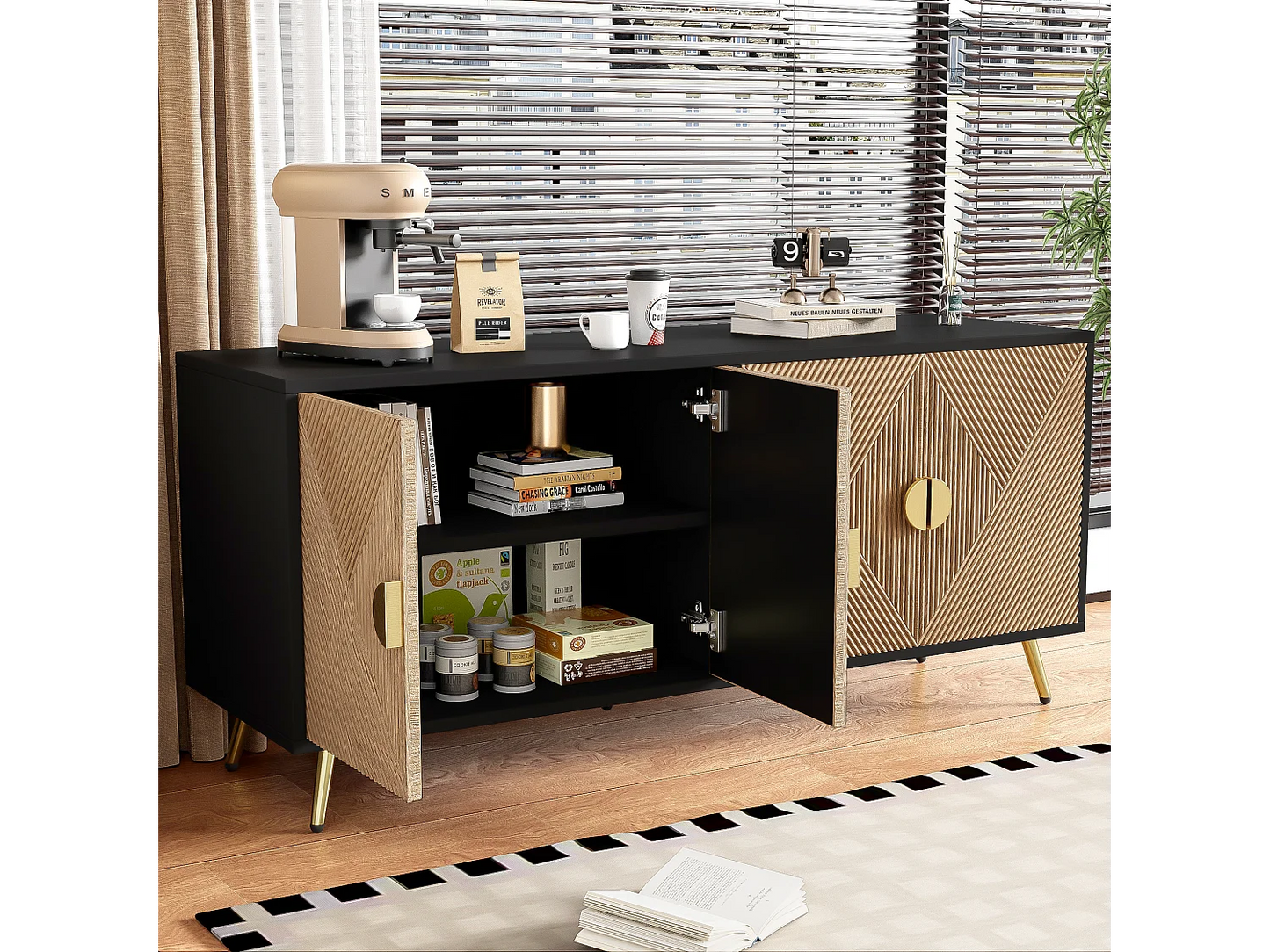 Buffet Bicolore Japandi Noir Et Naturel - Naturel