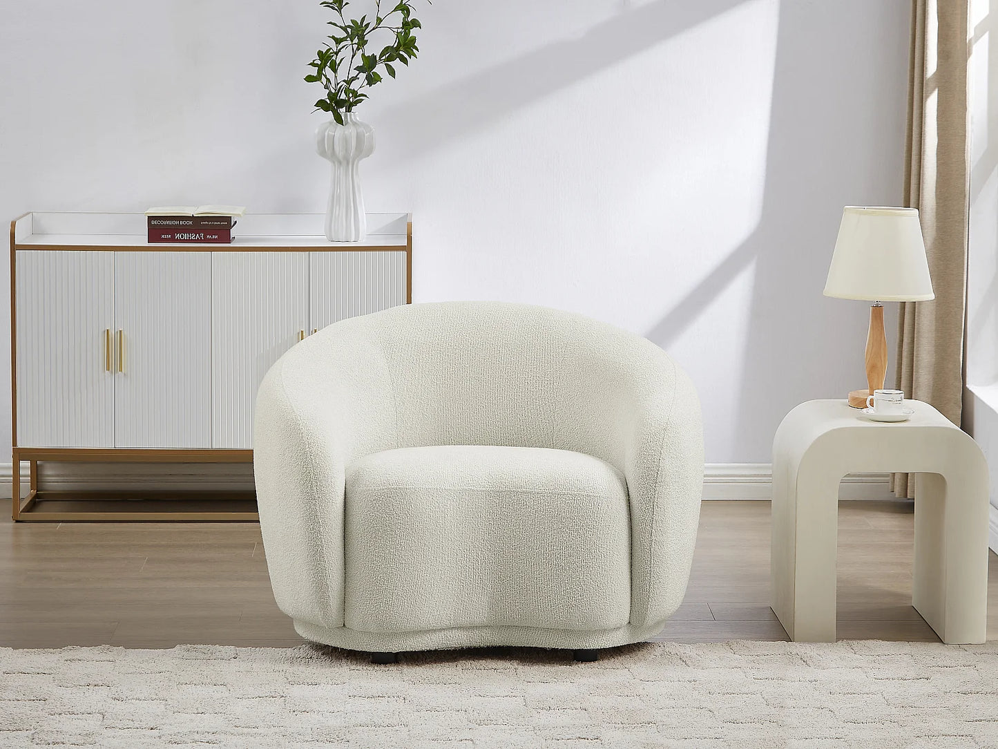 Fauteuil Japandi Bouclette Blanc Ivoire - Bovana