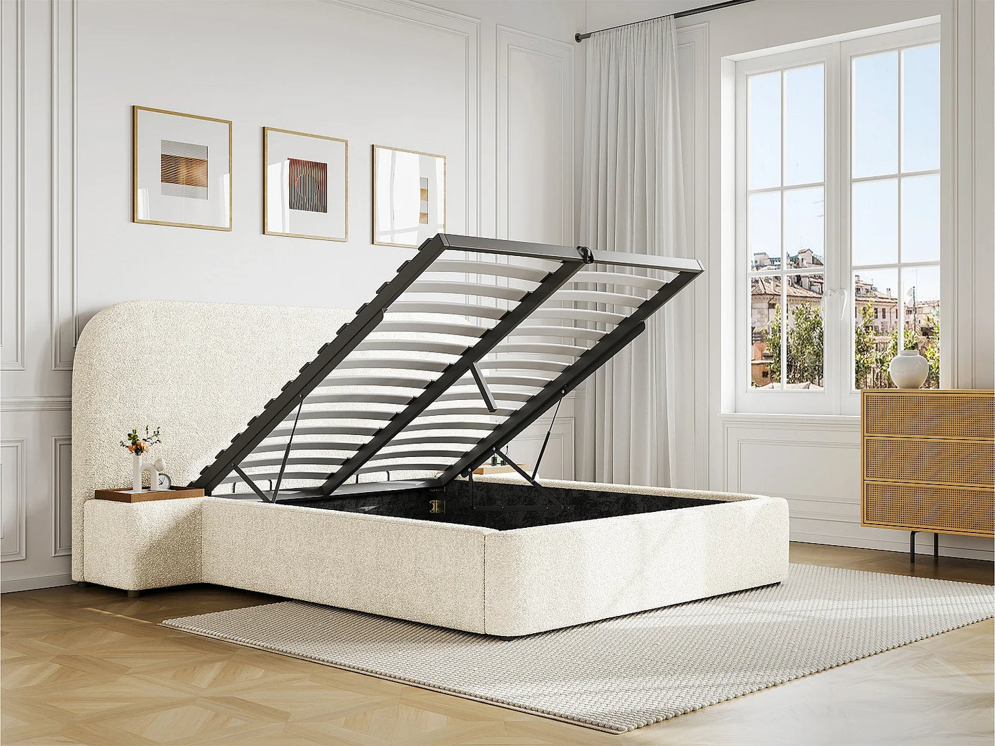 Lit Coffre Japandi Chevets Bouclette Blanc - Esteria
