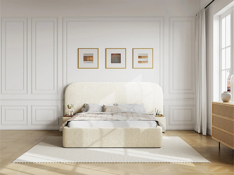 Lit Coffre Japandi Chevets Bouclette Blanc - Esteria