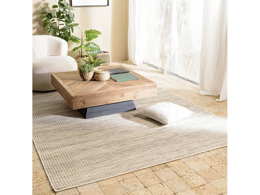 Tapis Japandi Laine Tissée Blanc Kaki - Quentin