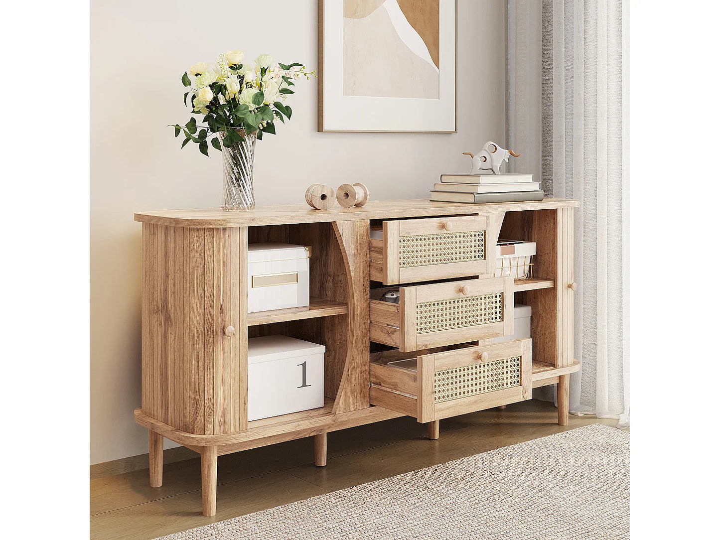 Buffet Rotin Japandi Portes Coulissantes - Naturel