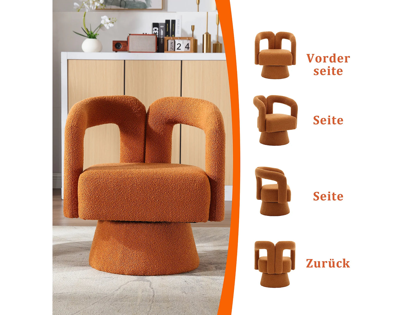 Fauteuil Japandi Pivotant Bouclette Orange - 360 Degrés