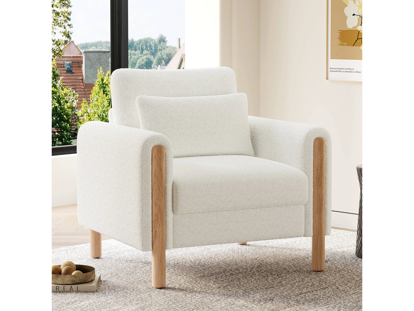 Fauteuil Japandi Velours Blanc Coussin Épais - Moderne