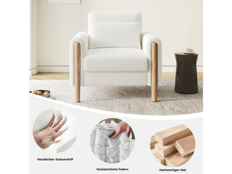 Fauteuil Japandi Velours Blanc Coussin Épais - Moderne