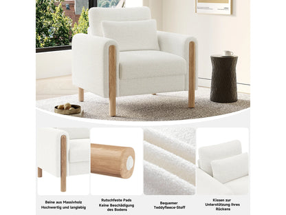 Fauteuil Japandi Velours Blanc Coussin Épais - Moderne