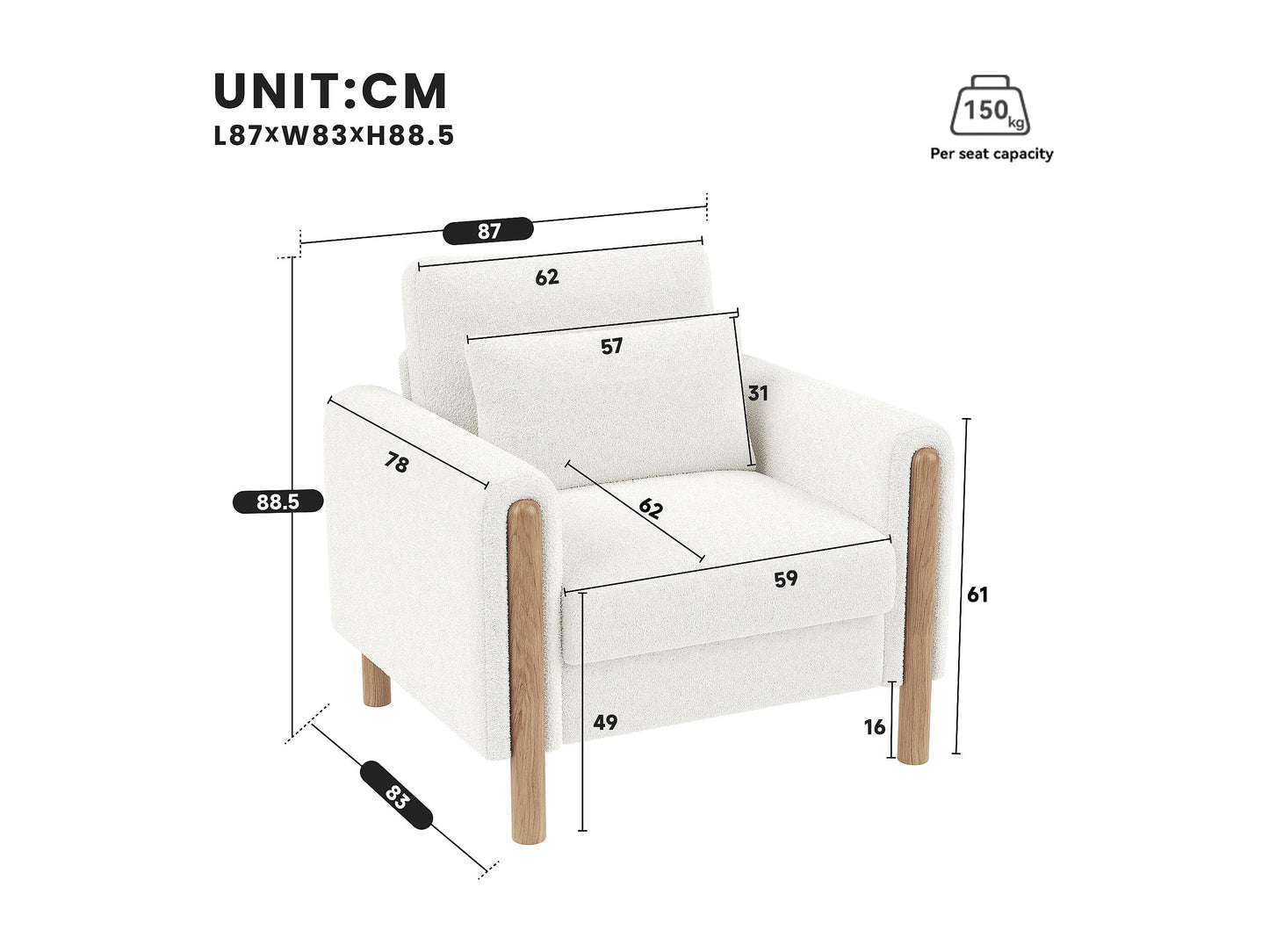 Fauteuil Japandi Velours Blanc Coussin Épais - Moderne