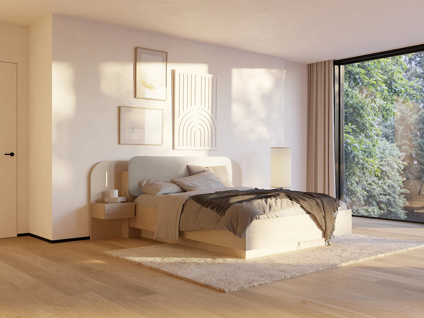 Lit Coffre Japandi Chevets Leds Naturel - Lyorima